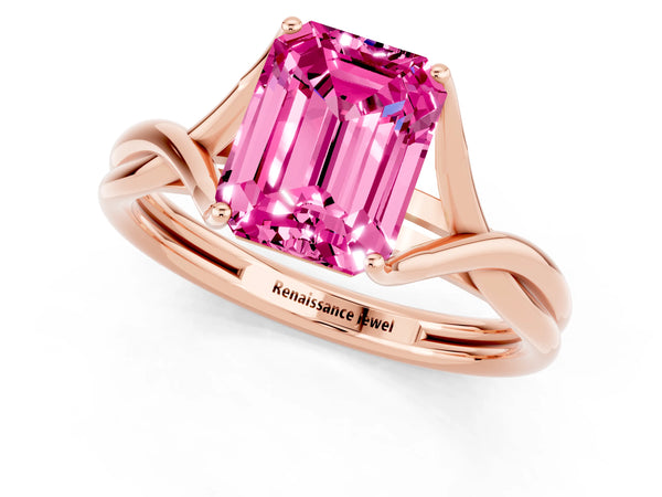 Rose gold Emerald Cut Pink Sapphire Solitaire Twist Band Prong Setting Ring