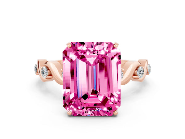 Rose gold Emerald Cut Pink Sapphire Solitaire Twisted Band with Round  Accents and Prong Setting