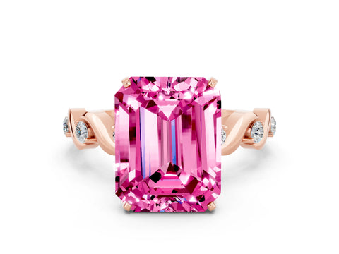 Rose gold Emerald Cut Pink Sapphire Solitaire Twisted Band with Round  Accents and Prong Setting_12