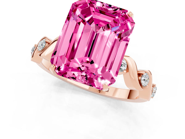 Rose gold Emerald Cut Pink Sapphire Solitaire Twisted Band with Round  Accents and Prong Setting