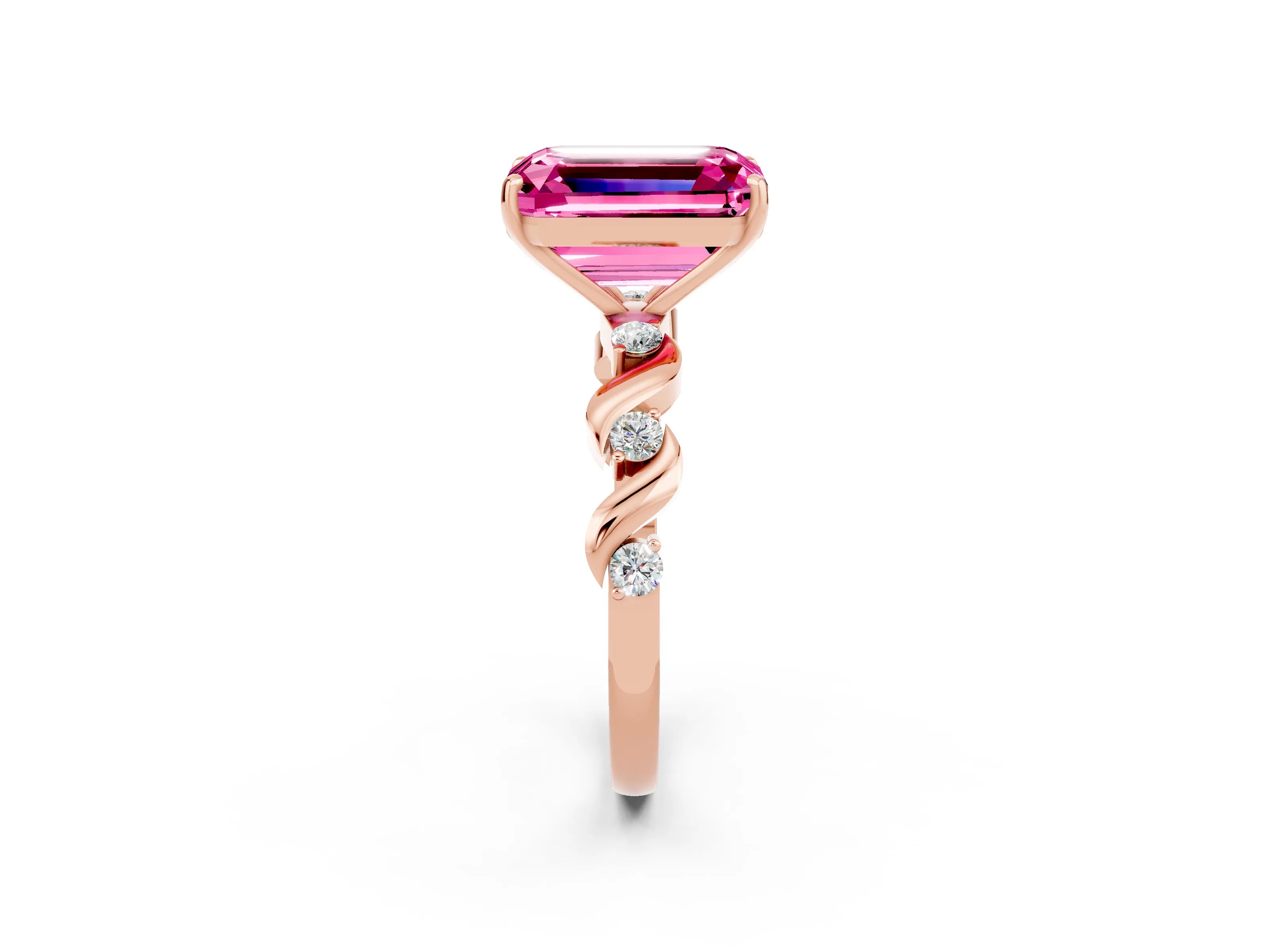 Rose gold Emerald Cut Pink Sapphire Solitaire Twisted Band with Round  Accents and Prong Setting_14