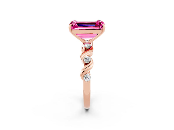 Rose gold Emerald Cut Pink Sapphire Solitaire Twisted Band with Round  Accents and Prong Setting