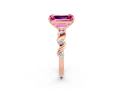 Rose gold Emerald Cut Pink Sapphire Solitaire Twisted Band with Round  Accents and Prong Setting_14