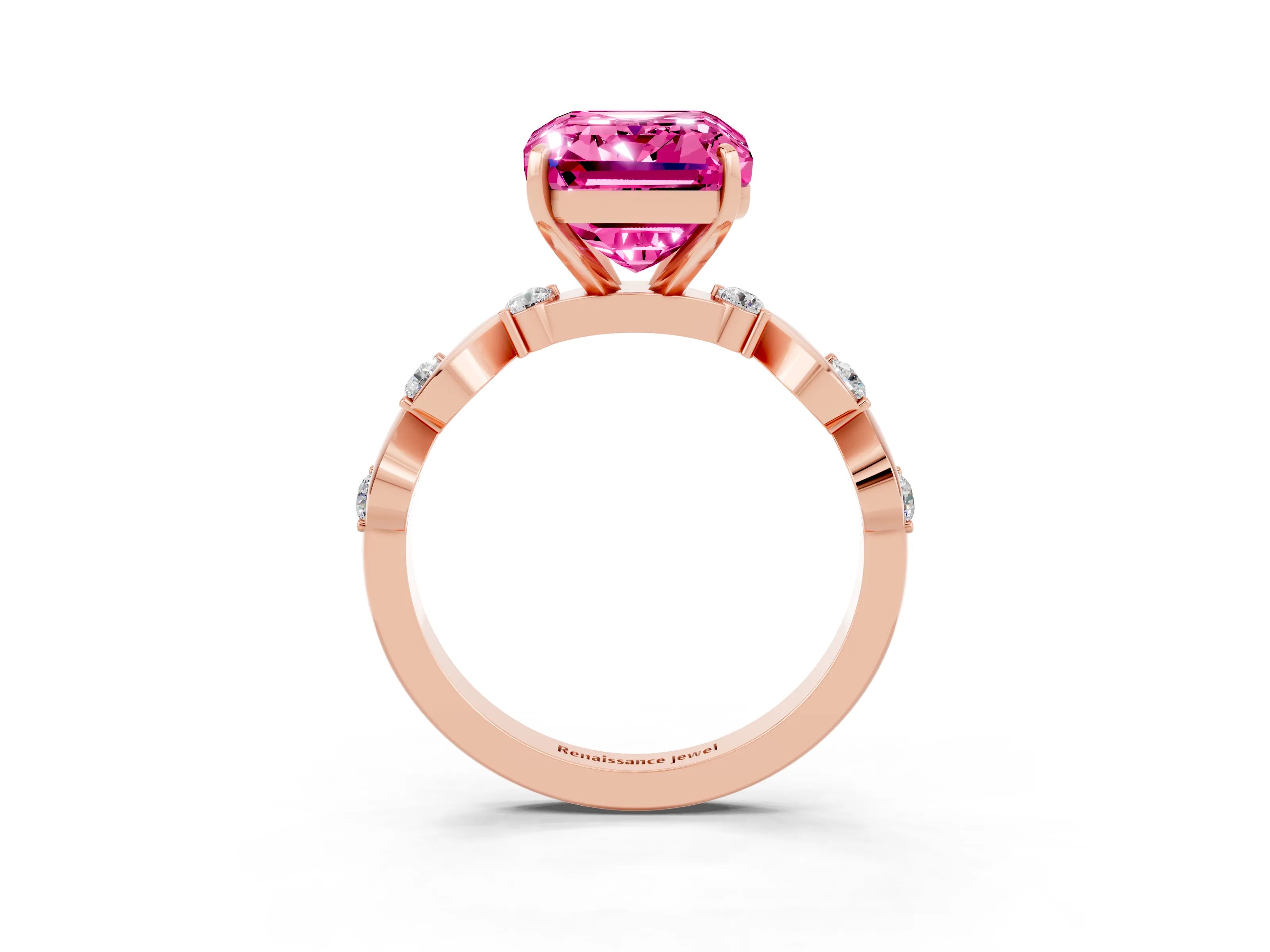 Rose gold Emerald Cut Pink Sapphire Solitaire Twisted Band with Round  Accents and Prong Setting_15