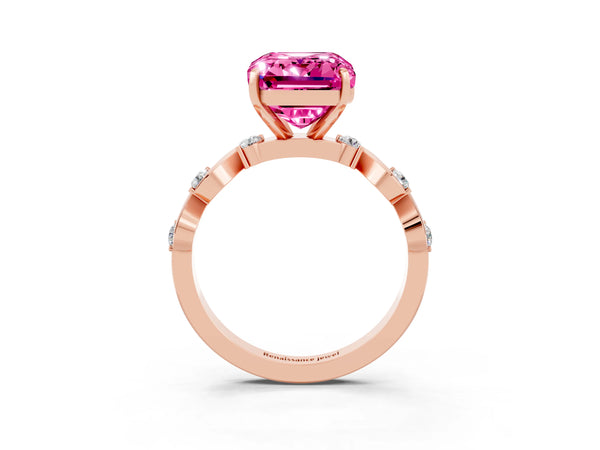 Rose gold Emerald Cut Pink Sapphire Solitaire Twisted Band with Round  Accents and Prong Setting
