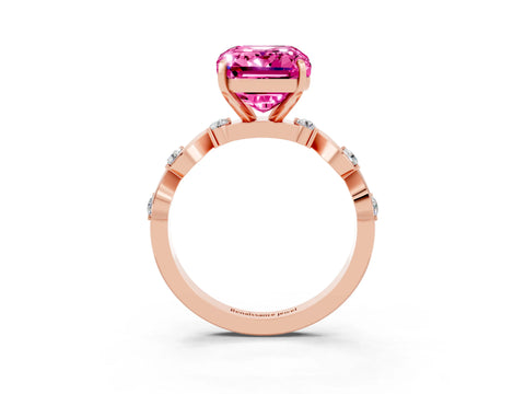Rose gold Emerald Cut Pink Sapphire Solitaire Twisted Band with Round  Accents and Prong Setting_15