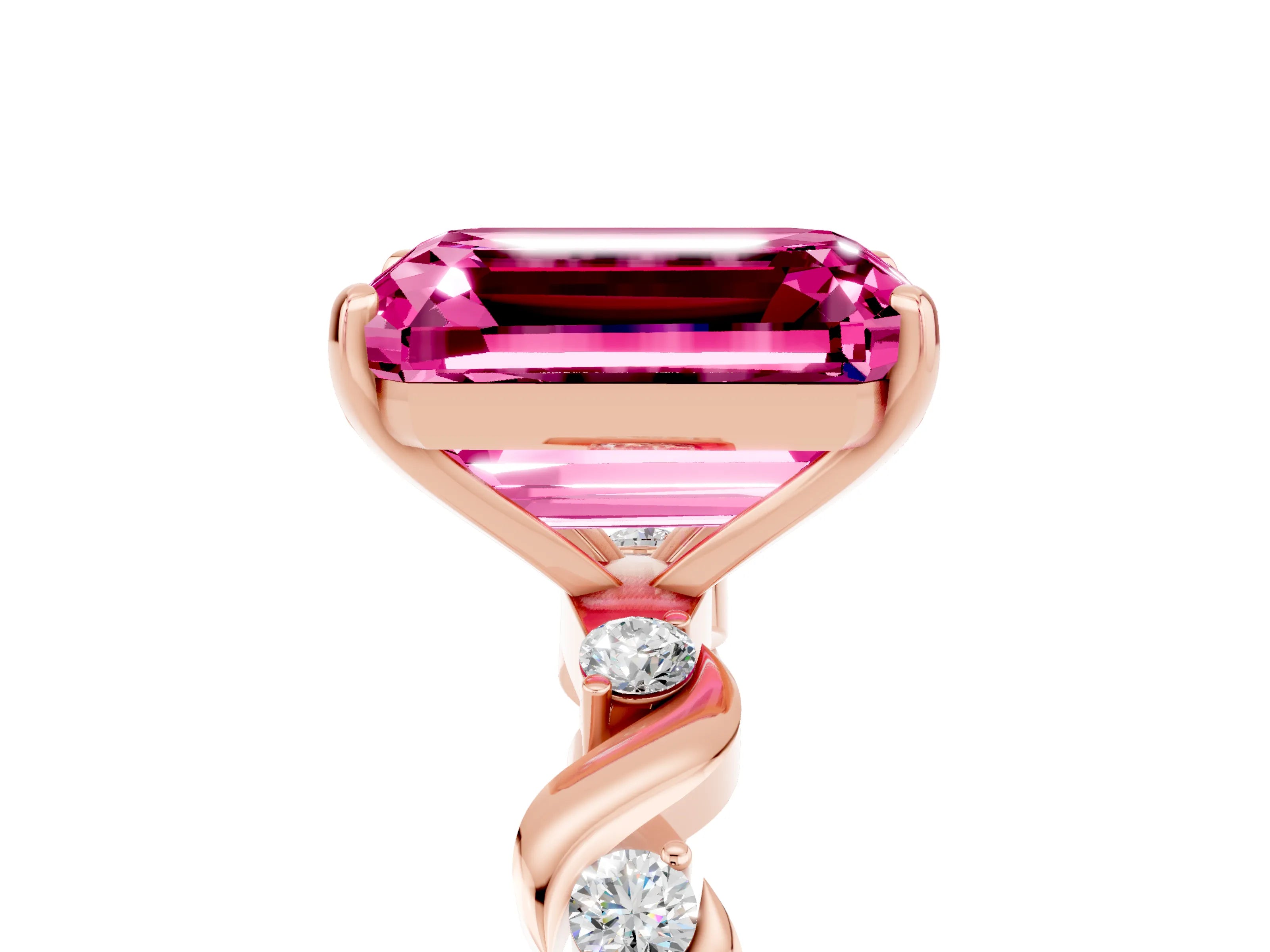 Rose gold Emerald Cut Pink Sapphire Solitaire Twisted Band with Round  Accents and Prong Setting_17
