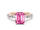 Rose gold Emerald Cut Pink Sapphire Solitaire with Side Baguettes and Channel Set Band_24