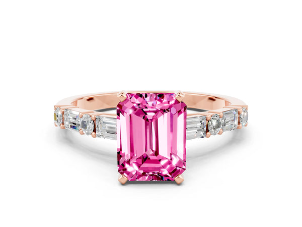 Rose gold Emerald Cut Pink Sapphire Solitaire with Side Baguettes and Channel Set Band