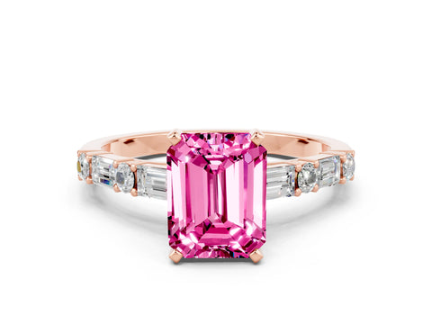 Rose gold Emerald Cut Pink Sapphire Solitaire with Side Baguettes and Channel Set Band_24