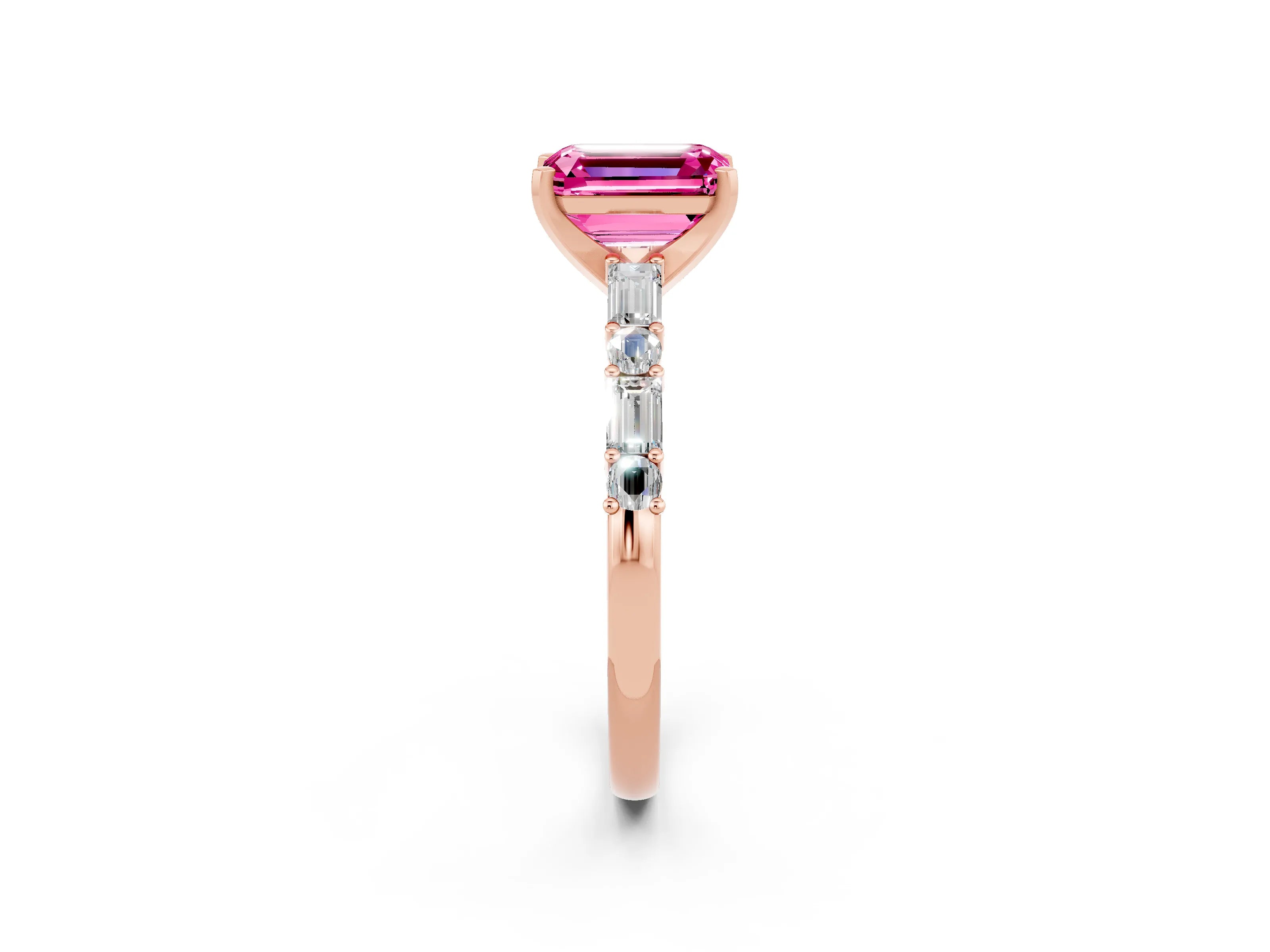 Rose gold Emerald Cut Pink Sapphire Solitaire with Side Baguettes and Channel Set Band_26