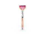 Rose gold Emerald Cut Pink Sapphire Solitaire with Side Baguettes and Channel Set Band_26