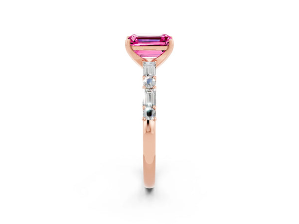 Rose gold Emerald Cut Pink Sapphire Solitaire with Side Baguettes and Channel Set Band