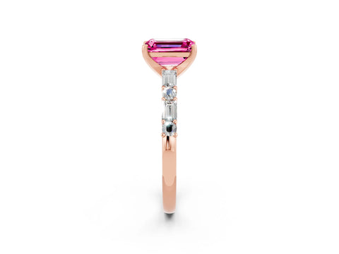 Rose gold Emerald Cut Pink Sapphire Solitaire with Side Baguettes and Channel Set Band_26