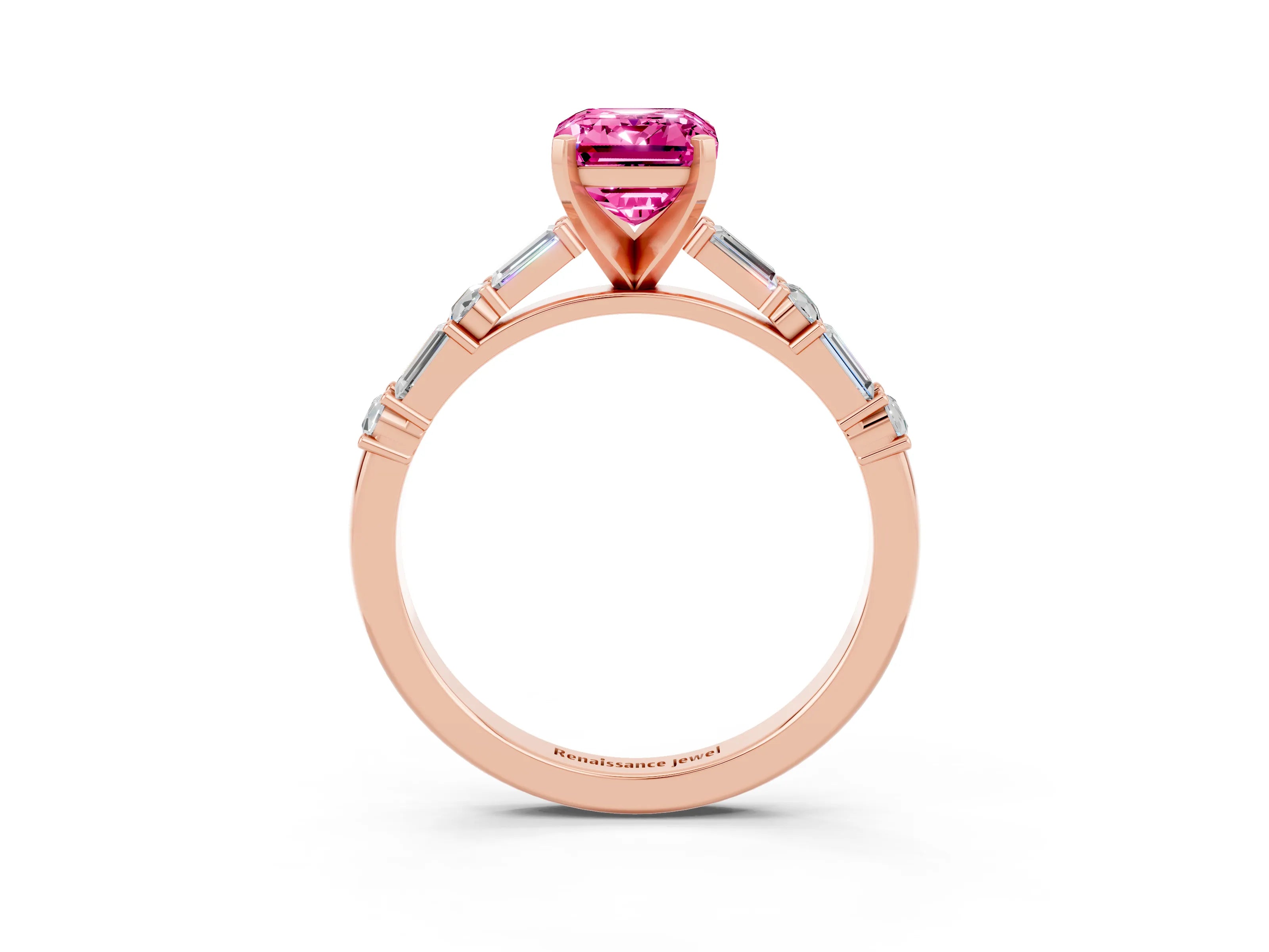 Rose gold Emerald Cut Pink Sapphire Solitaire with Side Baguettes and Channel Set Band_27
