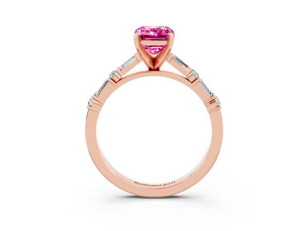 Rose gold Emerald Cut Pink Sapphire Solitaire with Side Baguettes and Channel Set Band