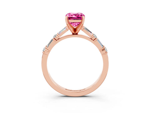 Rose gold Emerald Cut Pink Sapphire Solitaire with Side Baguettes and Channel Set Band_27