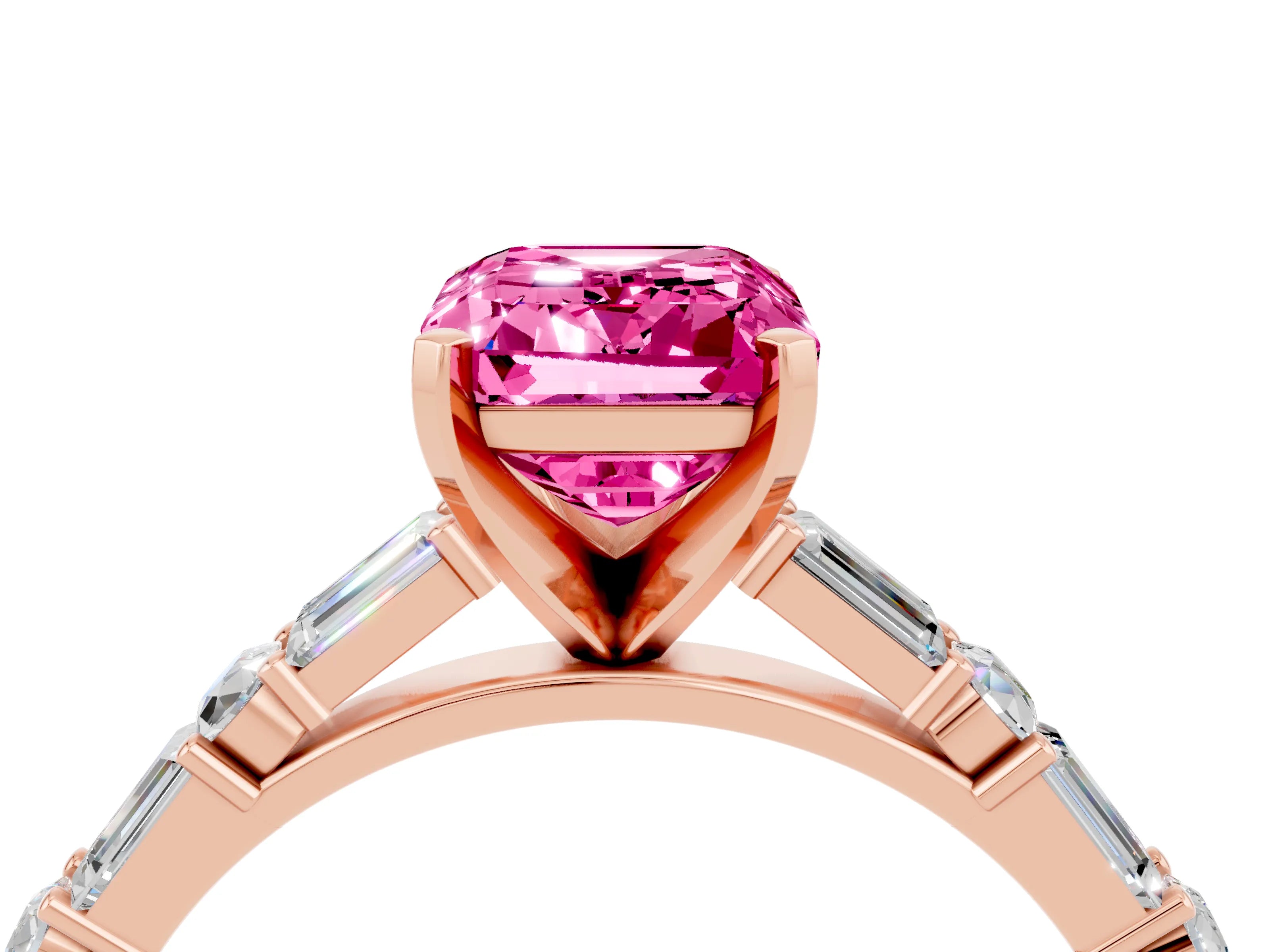 Rose gold Emerald Cut Pink Sapphire Solitaire with Side Baguettes and Channel Set Band_28