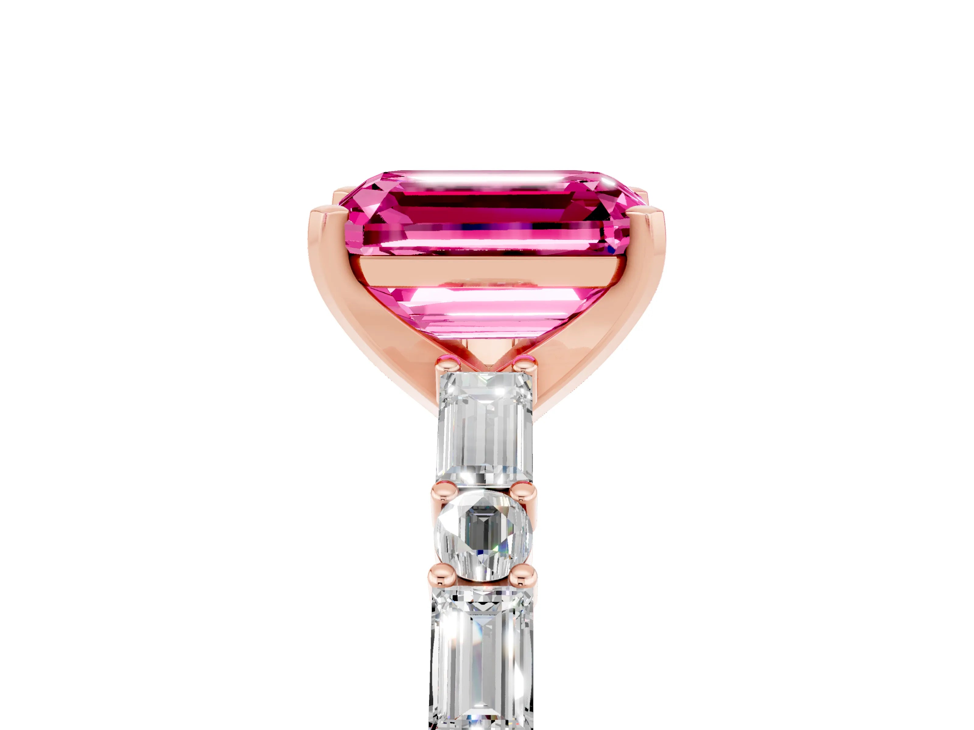 Rose gold Emerald Cut Pink Sapphire Solitaire with Side Baguettes and Channel Set Band_29