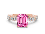Rose gold Emerald Cut Pink Sapphire Solitaire with Side Stones, Pave Band, Four-Prong Setting_36