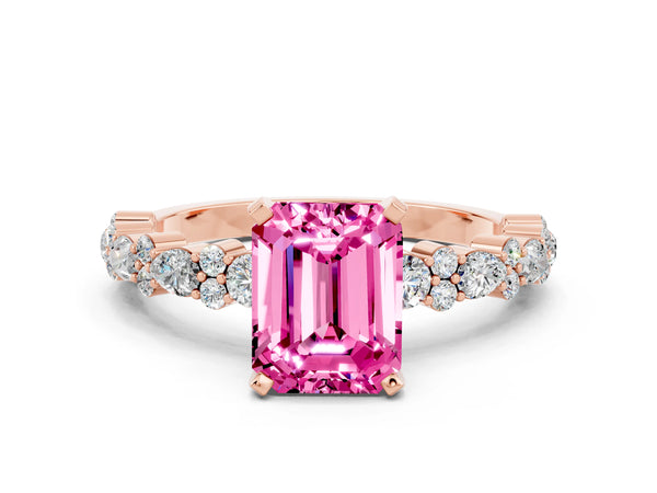 Rose gold Emerald Cut Pink Sapphire Side Stone Solitaire Ring with Round  and Four-Prong Setting