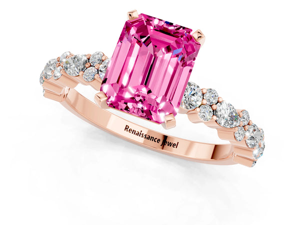 Rose gold Emerald Cut Pink Sapphire Side Stone Solitaire Ring with Round  and Four-Prong Setting