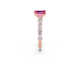 Rose gold Emerald Cut Pink Sapphire Solitaire with Side Stones, Pave Band, Four-Prong Setting_38