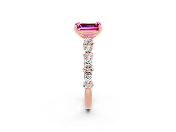 Rose gold Emerald Cut Pink Sapphire Side Stone Solitaire Ring with Round  and Four-Prong Setting