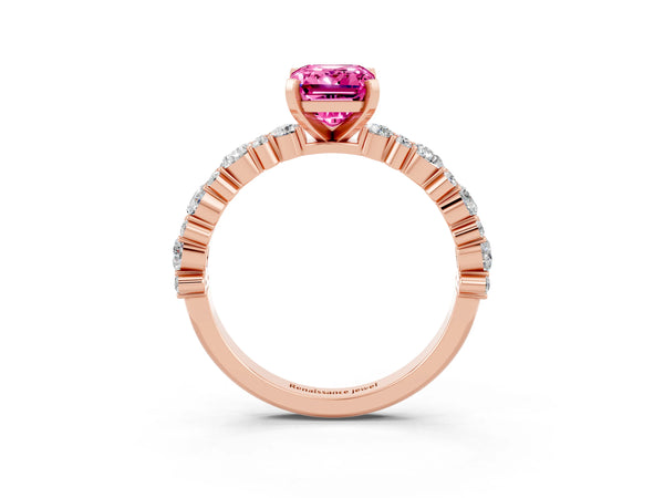 Rose gold Emerald Cut Pink Sapphire Side Stone Solitaire Ring with Round  and Four-Prong Setting