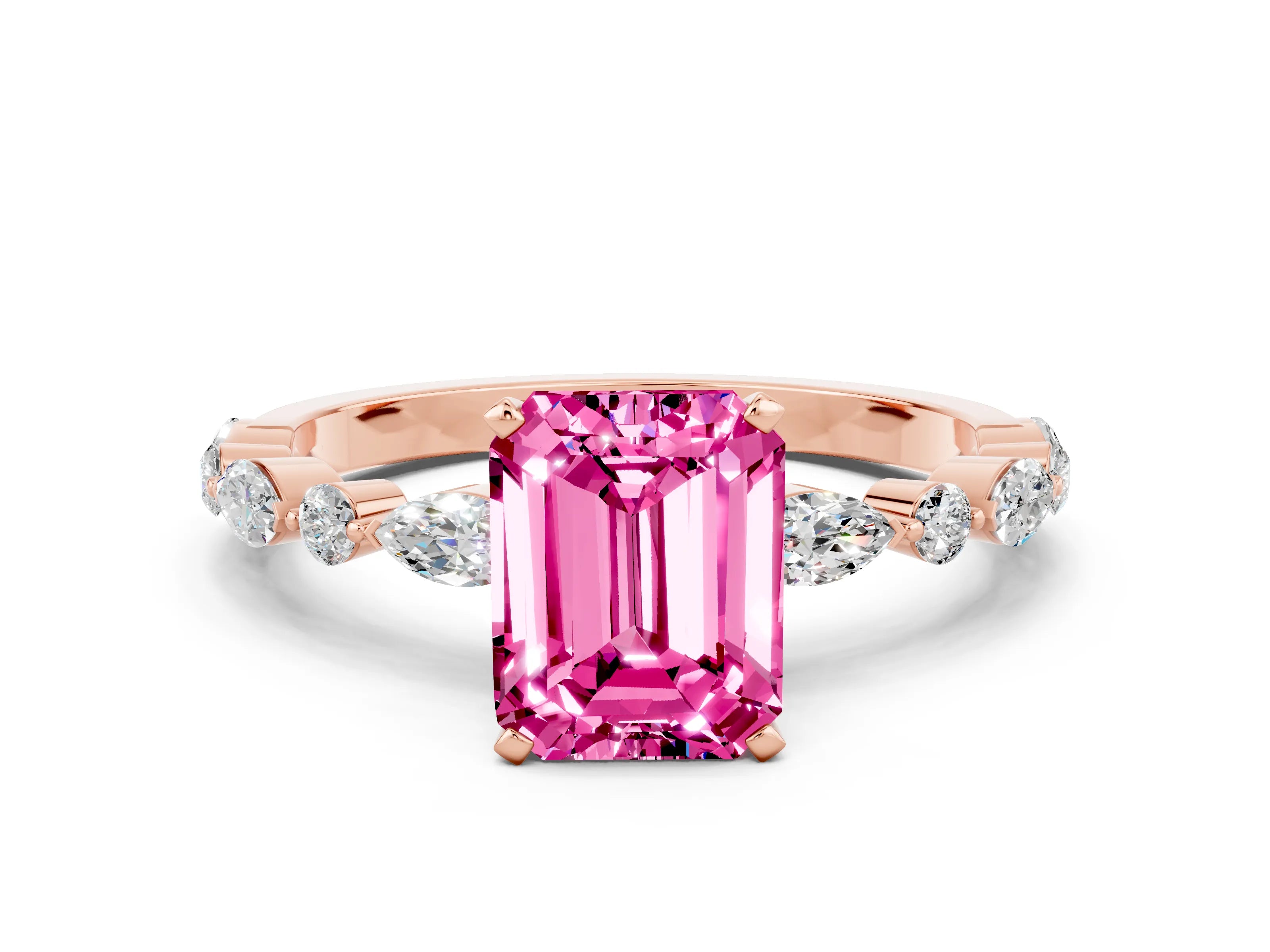 Rose gold Emerald Cut Pink Sapphire Solitaire with Side Stones on a Pavé Band and Four-Prong Setting_24