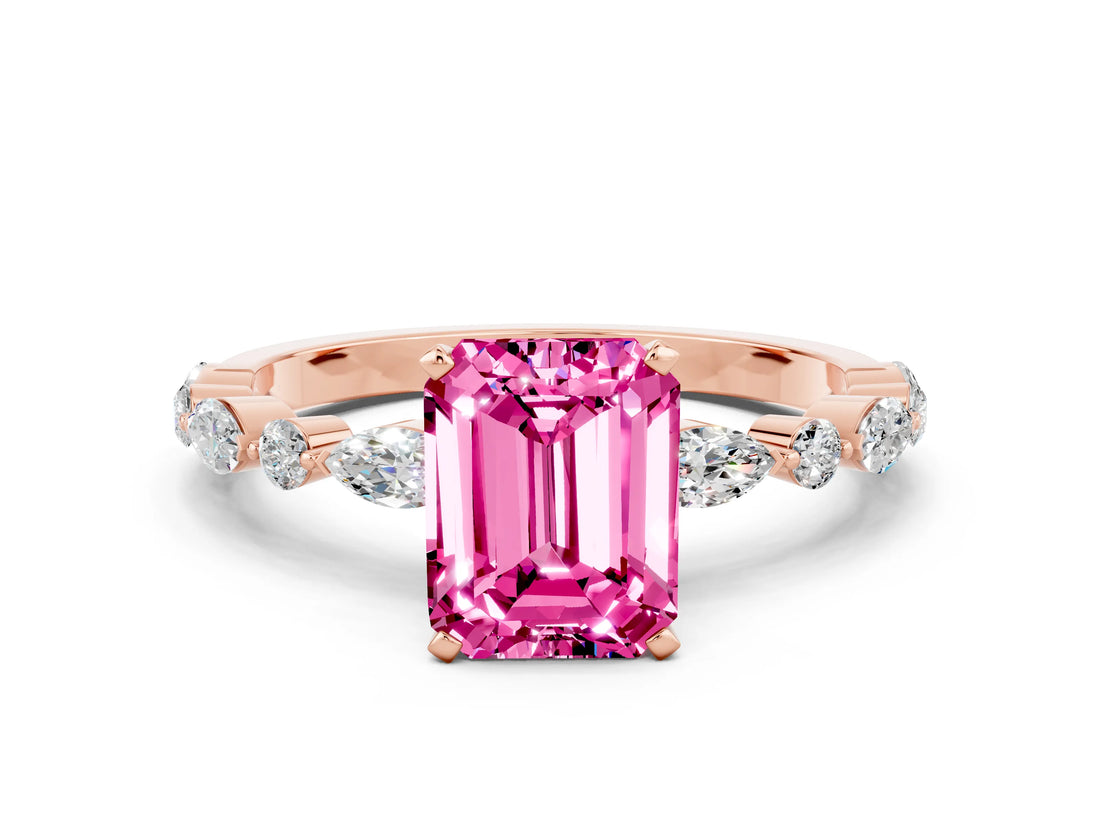 Rose gold Emerald Cut Pink Sapphire Solitaire with Side Stones on a Pavé Band and Four-Prong Setting_24