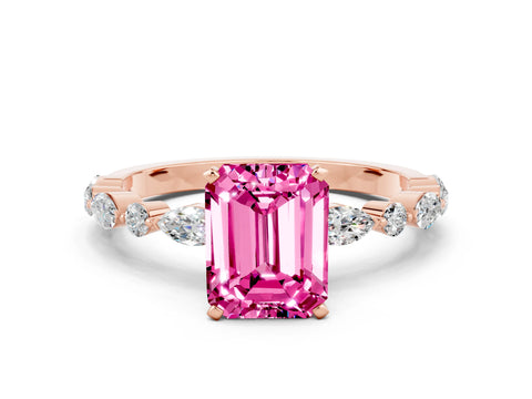 Rose gold Emerald Cut Pink Sapphire Solitaire with Side Stones on a Pavé Band and Four-Prong Setting_24