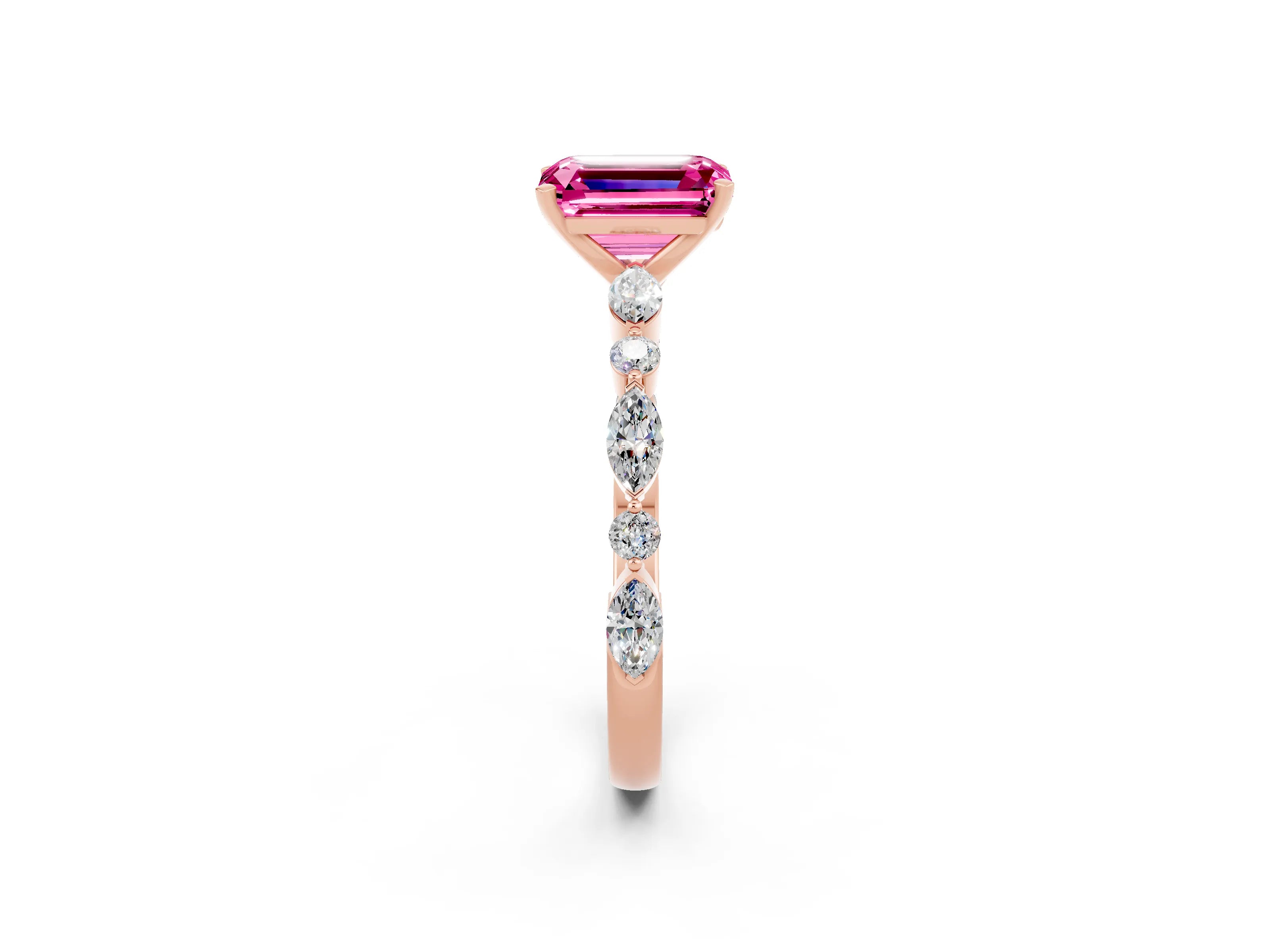 Rose gold Emerald Cut Pink Sapphire Solitaire with Side Stones on a Pavé Band and Four-Prong Setting_26