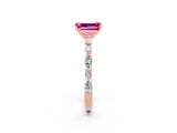 Rose gold Emerald Cut Pink Sapphire Solitaire with Side Stones on a Pavé Band and Four-Prong Setting_26