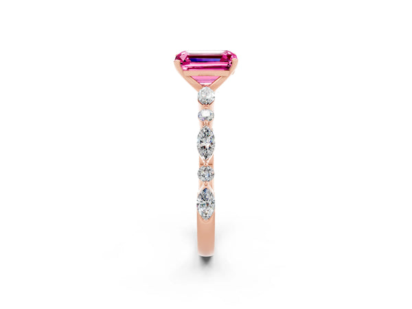 Rose gold Emerald Cut Pink Sapphire Ring with Marquise and Round  Side Stones and Four-Prong Setting