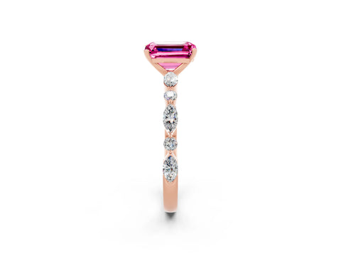 Rose gold Emerald Cut Pink Sapphire Solitaire with Side Stones on a Pavé Band and Four-Prong Setting_26