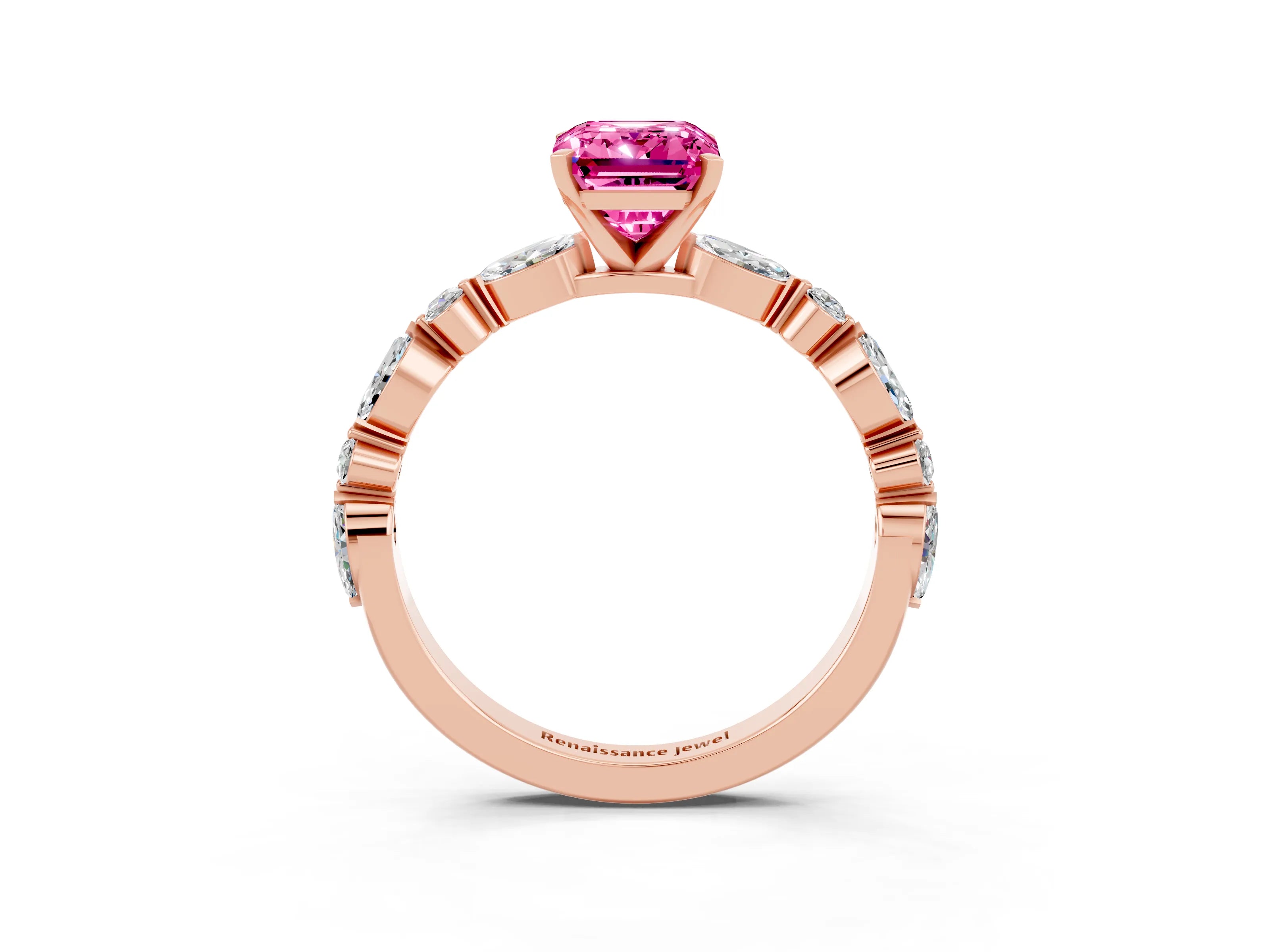 Rose gold Emerald Cut Pink Sapphire Solitaire with Side Stones on a Pavé Band and Four-Prong Setting_27