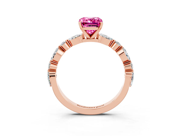 Rose gold Emerald Cut Pink Sapphire Ring with Marquise and Round  Side Stones and Four-Prong Setting