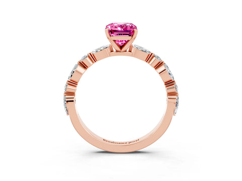 Rose gold Emerald Cut Pink Sapphire Solitaire with Side Stones on a Pavé Band and Four-Prong Setting_27