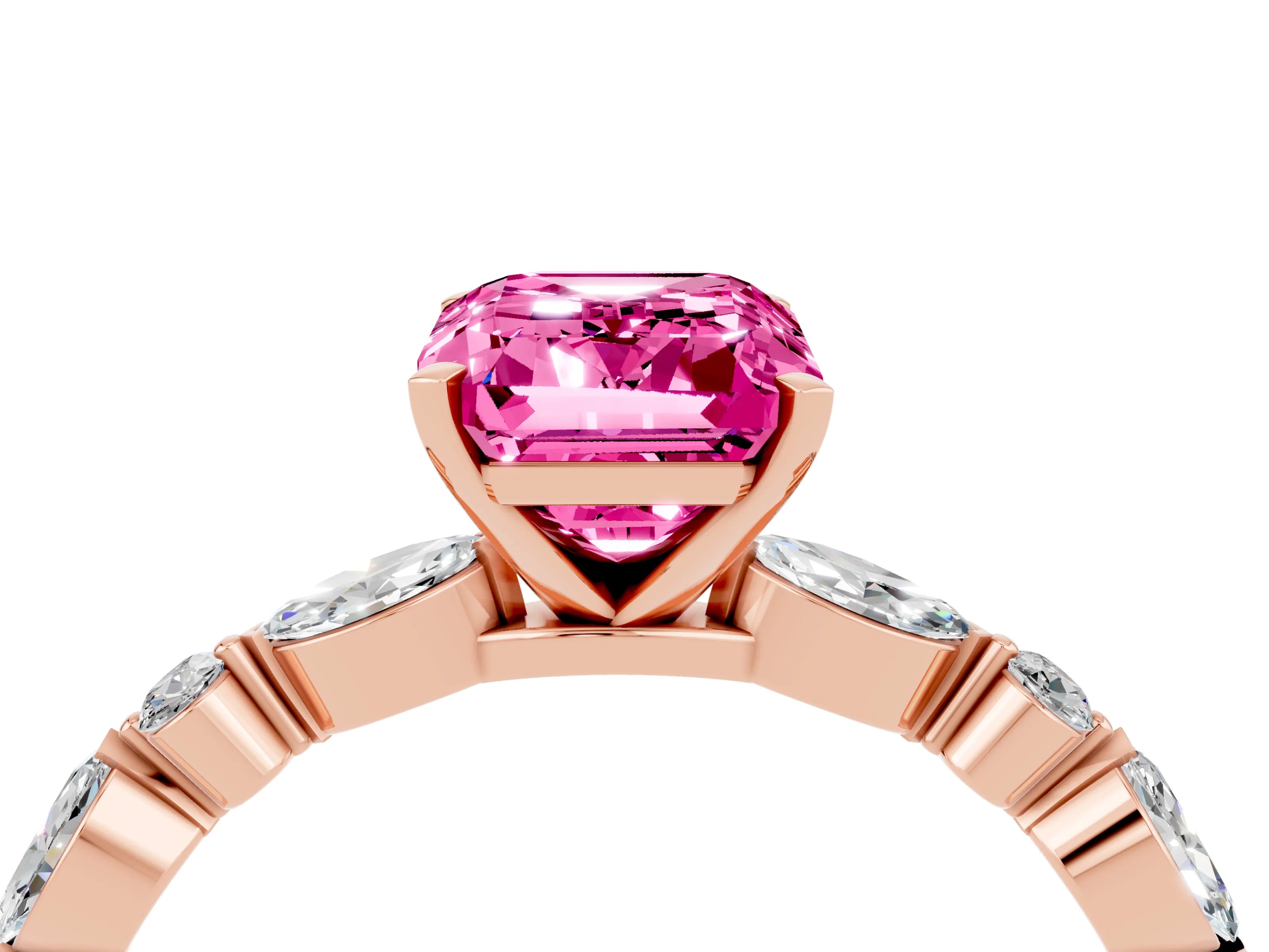 Rose gold Emerald Cut Pink Sapphire Solitaire with Side Stones on a Pavé Band and Four-Prong Setting_28