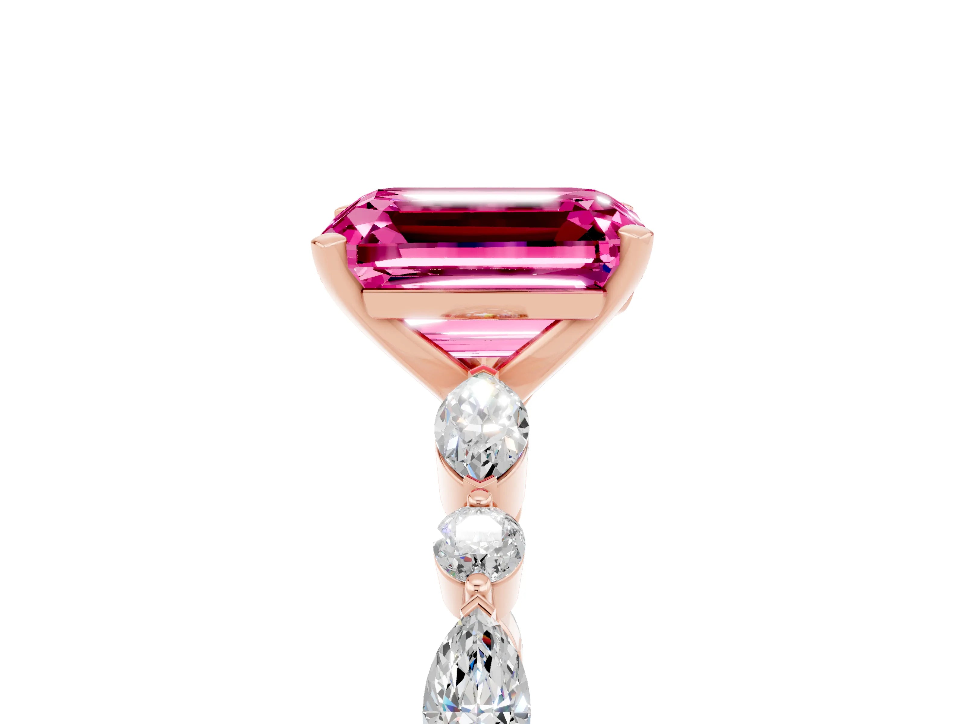 Rose gold Emerald Cut Pink Sapphire Solitaire with Side Stones on a Pavé Band and Four-Prong Setting_29