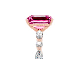 Rose gold Emerald Cut Pink Sapphire Solitaire with Side Stones on a Pavé Band and Four-Prong Setting_29