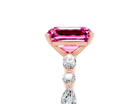 Rose gold Emerald Cut Pink Sapphire Solitaire with Side Stones on a Pavé Band and Four-Prong Setting_29