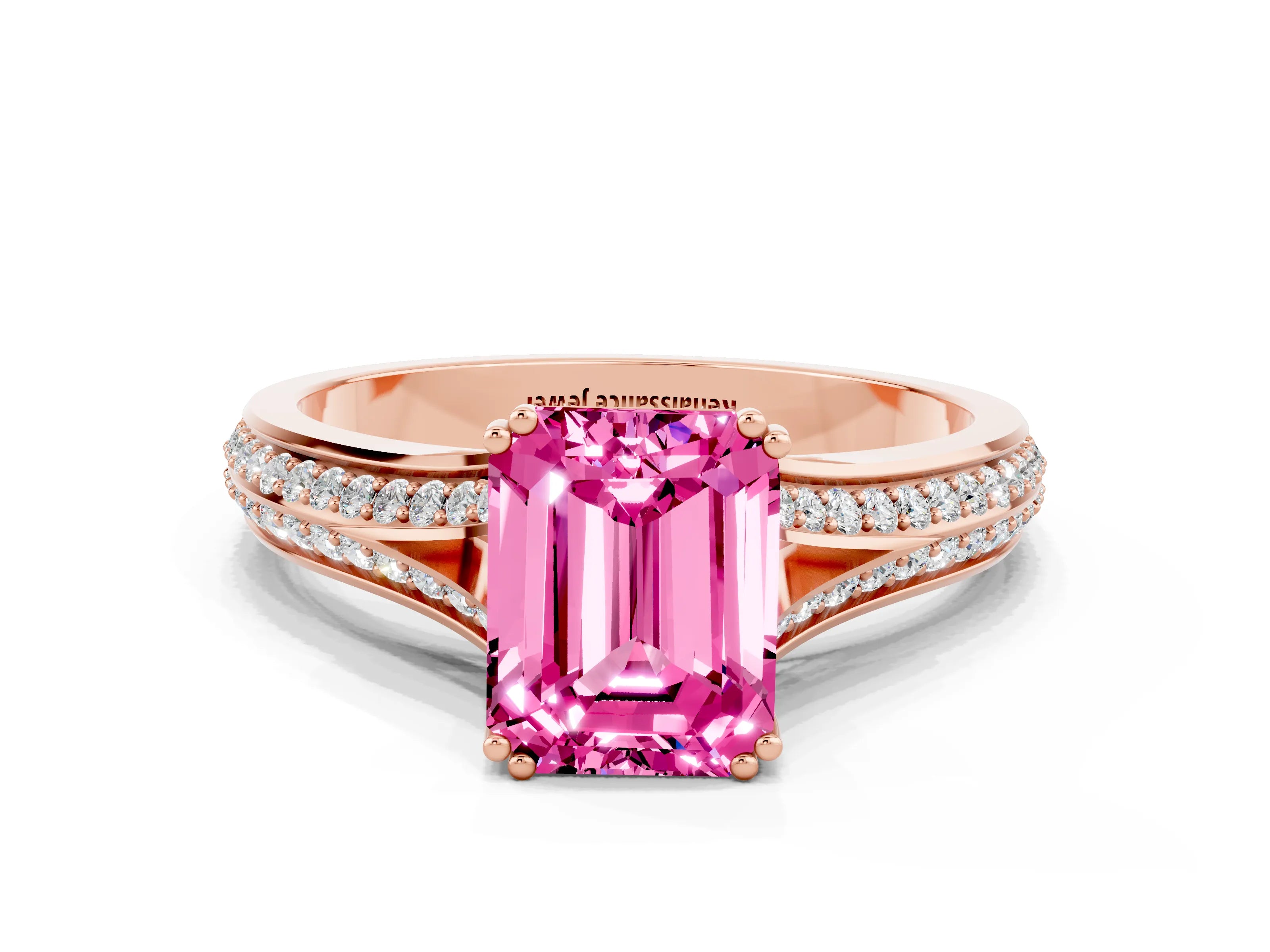 Rose gold Emerald Cut Pink Sapphire Split Shank Engagement Ring with Pavé Band_24