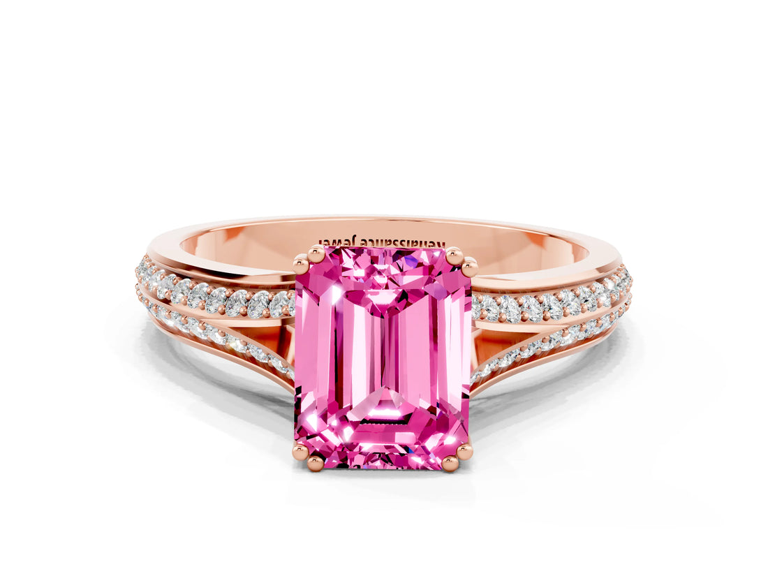Rose gold Emerald Cut Pink Sapphire Split Shank Engagement Ring with Pavé Band_24