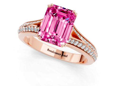 Rose gold Emerald Cut Pink Sapphire Split Shank Engagement Ring with Pavé Band_25