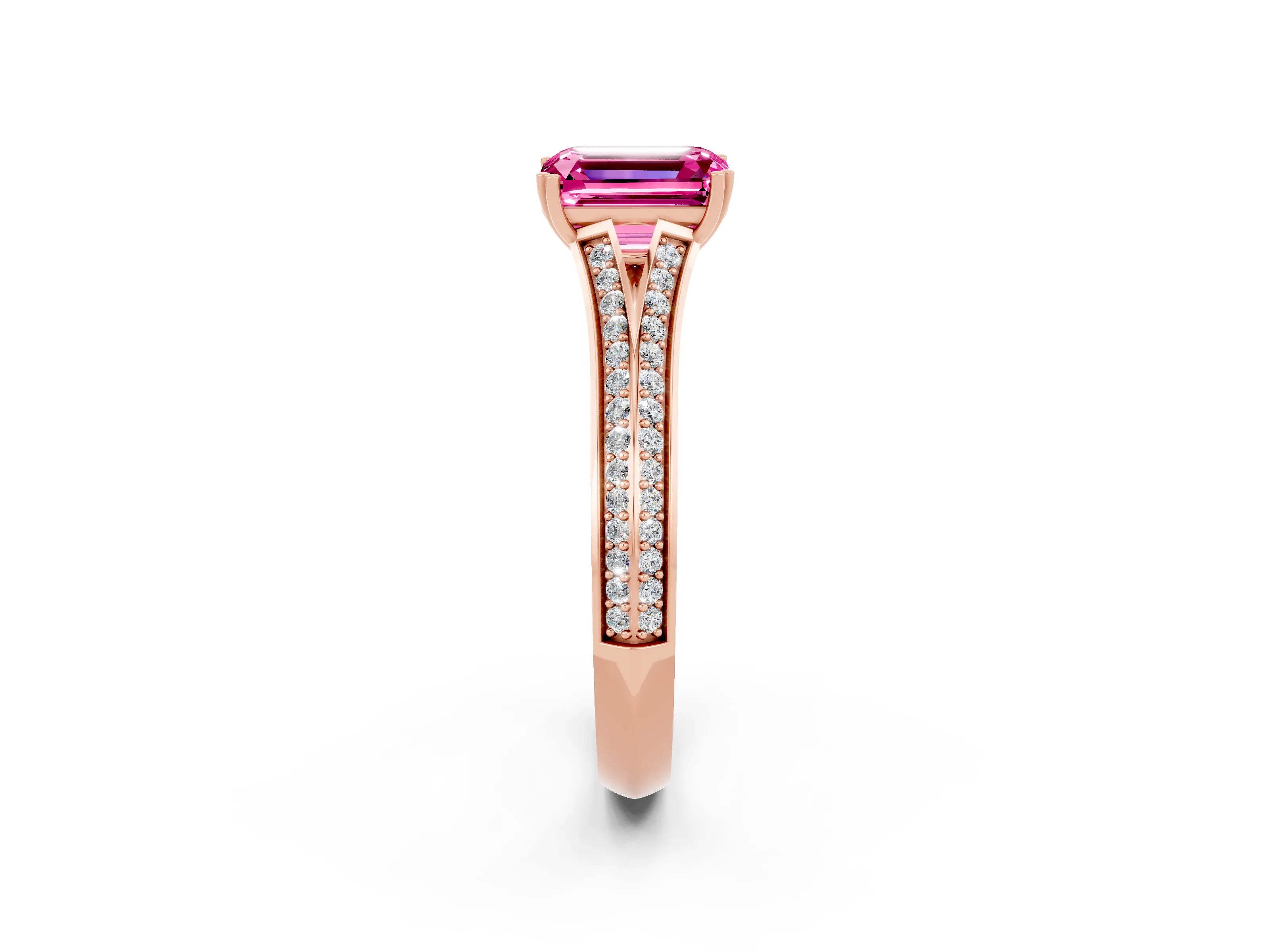 Rose gold Emerald Cut Pink Sapphire Split Shank Engagement Ring with Pavé Band_26