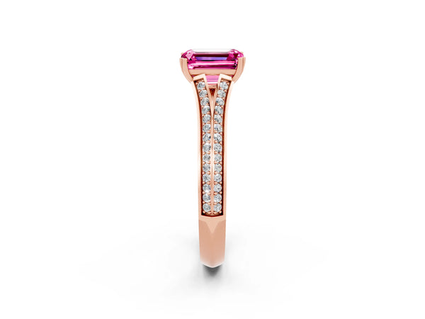 Rose gold Emerald Cut Pink Sapphire Split Shank Engagement Ring with Pavé Band