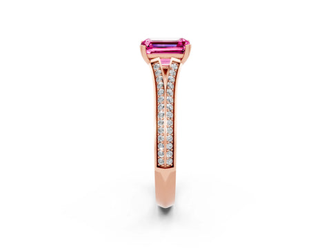 Rose gold Emerald Cut Pink Sapphire Split Shank Engagement Ring with Pavé Band_26