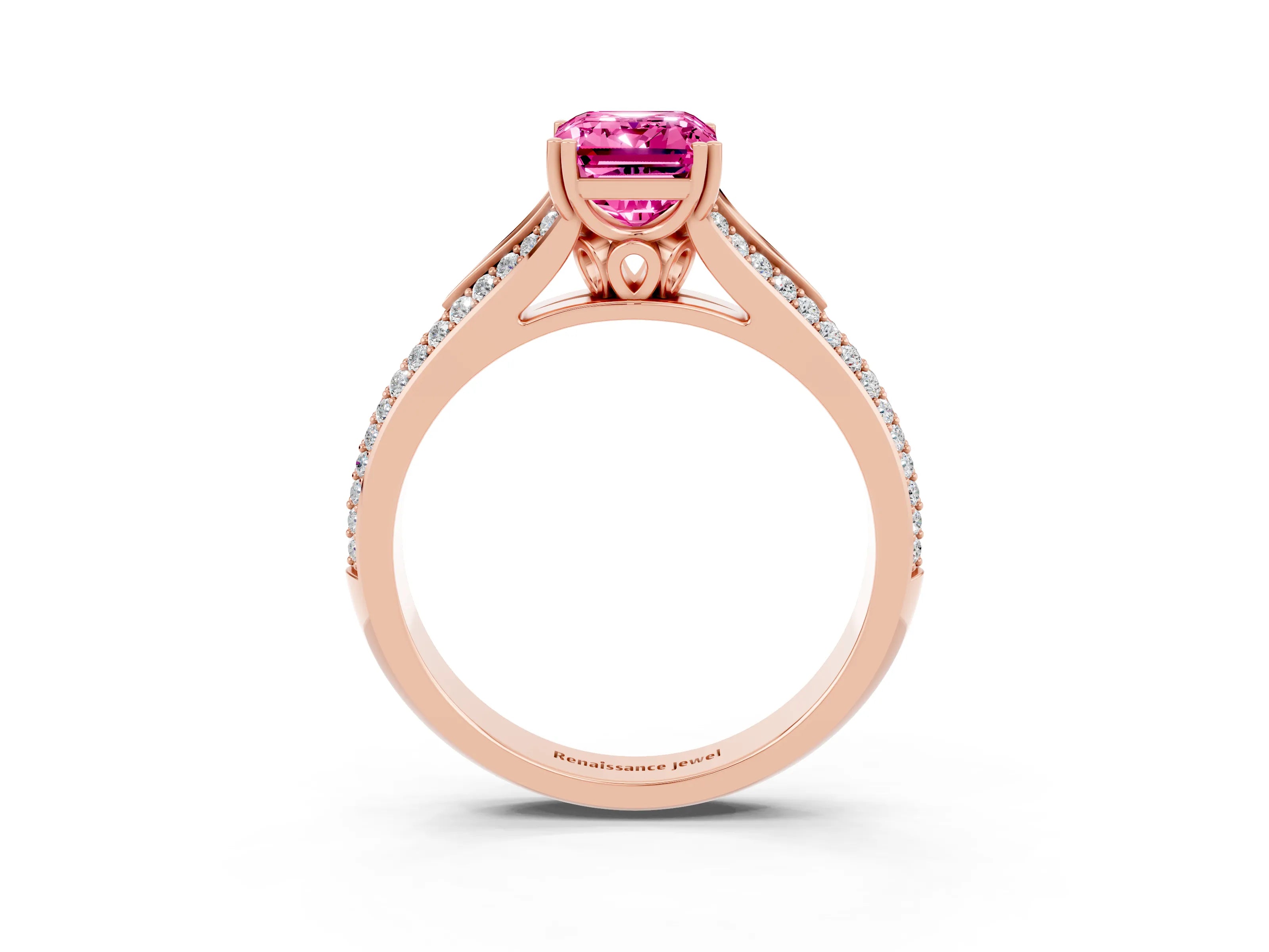Rose gold Emerald Cut Pink Sapphire Split Shank Engagement Ring with Pavé Band_27